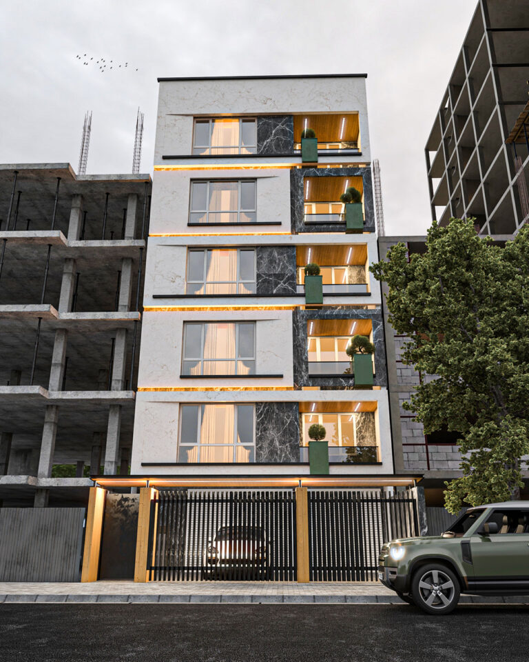 طراحی نمای ساختمان مسکونی با متریال سنگ تراورتن و فلاشینگ فلزی بین‌طبقات